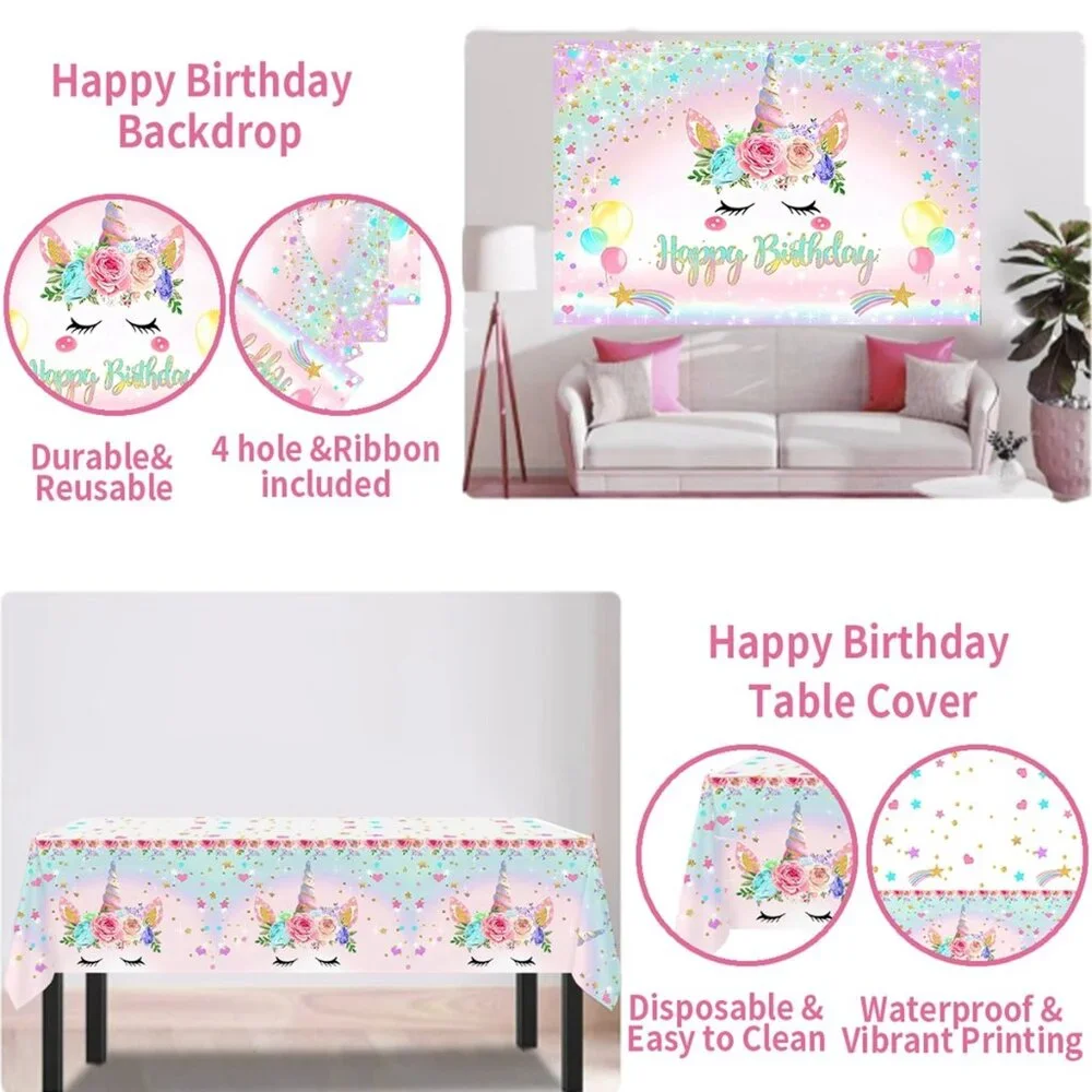 Unicorn Birthday Decoration Set - Backdrop, Balloons, Table Cloth